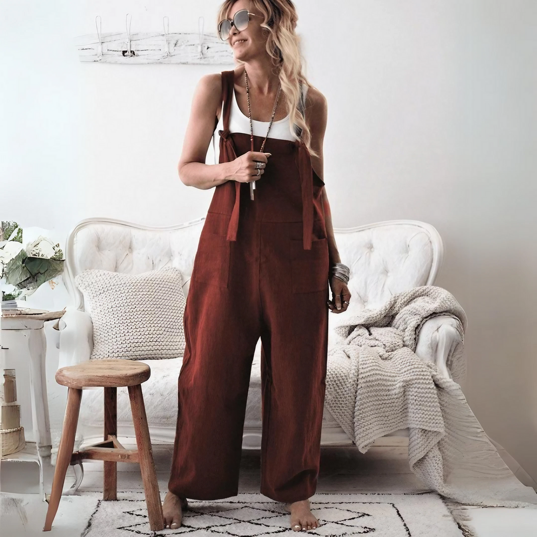 Scarlett - Casual Loose Cotton Linen Solid Pockets Jumpsuit