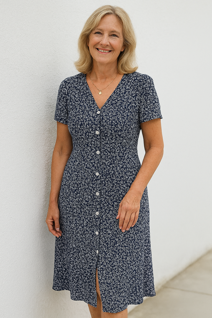 Amelia™ | Button Dress with Feminine V-Neck