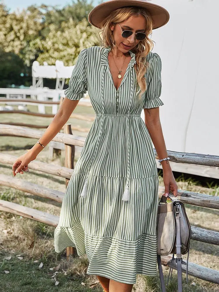 Adalina™ | Coastal Ruffle V-Neck Dress