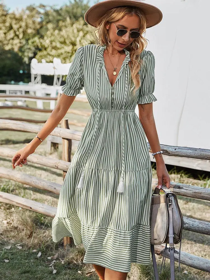 Adalina™ | Coastal Ruffle V-Neck Dress