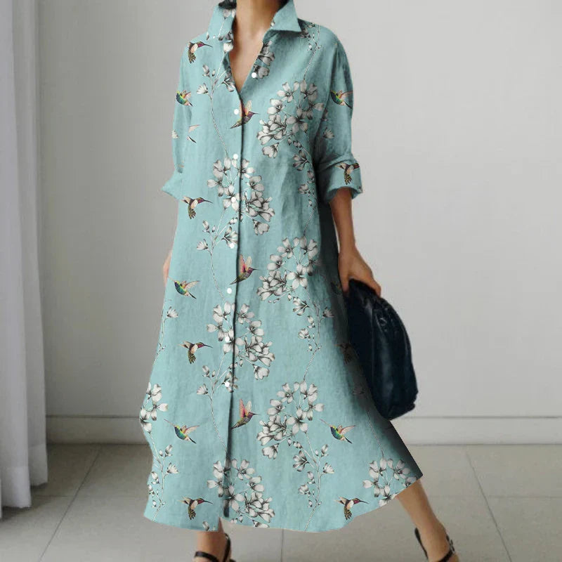 Elara | Retro Floral V-Neck Shirt Dress with Pockets