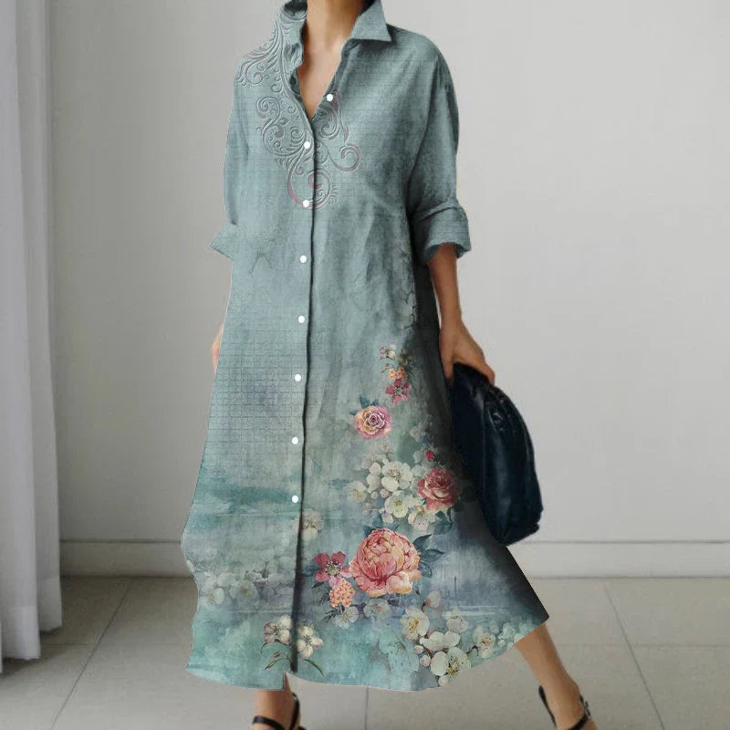 Elara | Retro Floral V-Neck Shirt Dress with Pockets