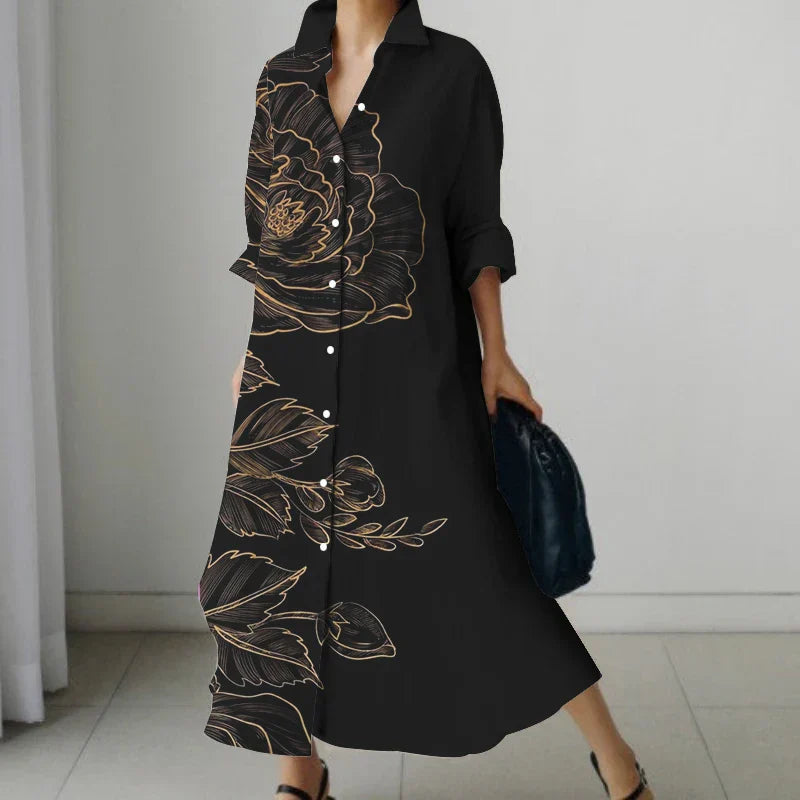 Elara | Retro Floral V-Neck Shirt Dress with Pockets