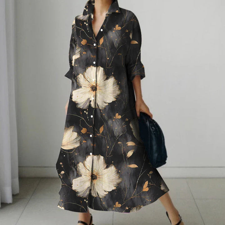 Elara | Retro Floral V-Neck Shirt Dress with Pockets