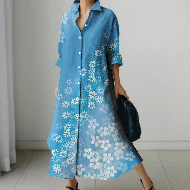 Elara | Retro Floral V-Neck Shirt Dress with Pockets