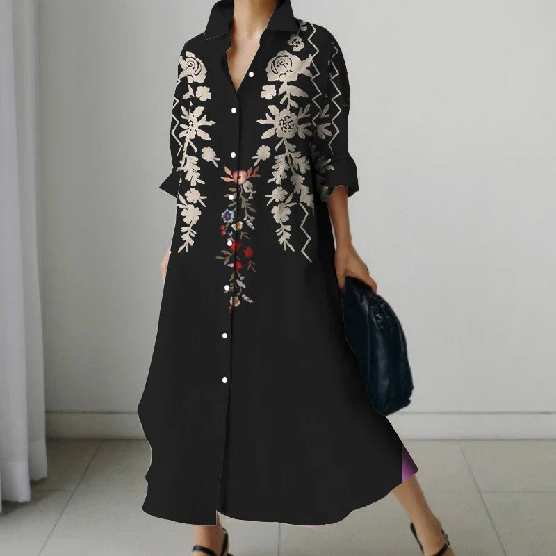 Elara | Retro Floral V-Neck Shirt Dress with Pockets