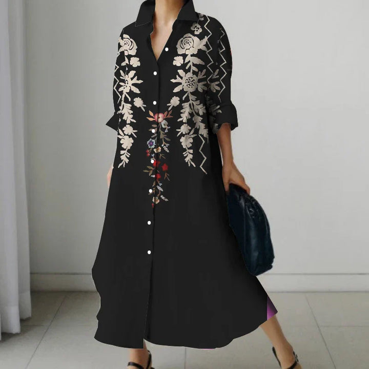 Elara | Retro Floral V-Neck Shirt Dress with Pockets