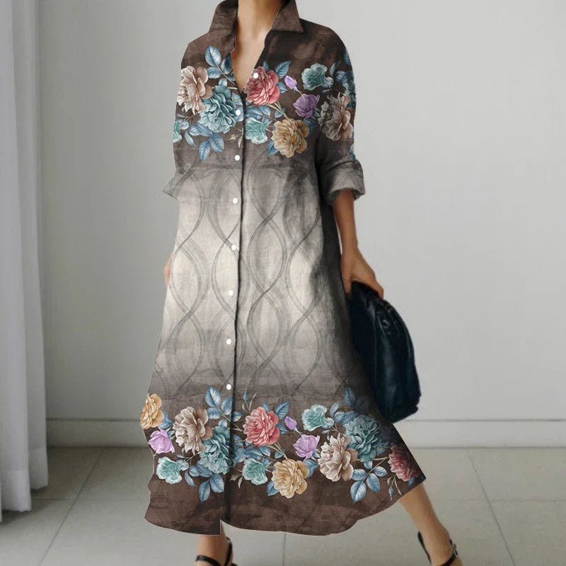 Elara | Retro Floral V-Neck Shirt Dress with Pockets