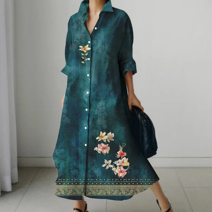 Elara | Retro Floral V-Neck Shirt Dress with Pockets