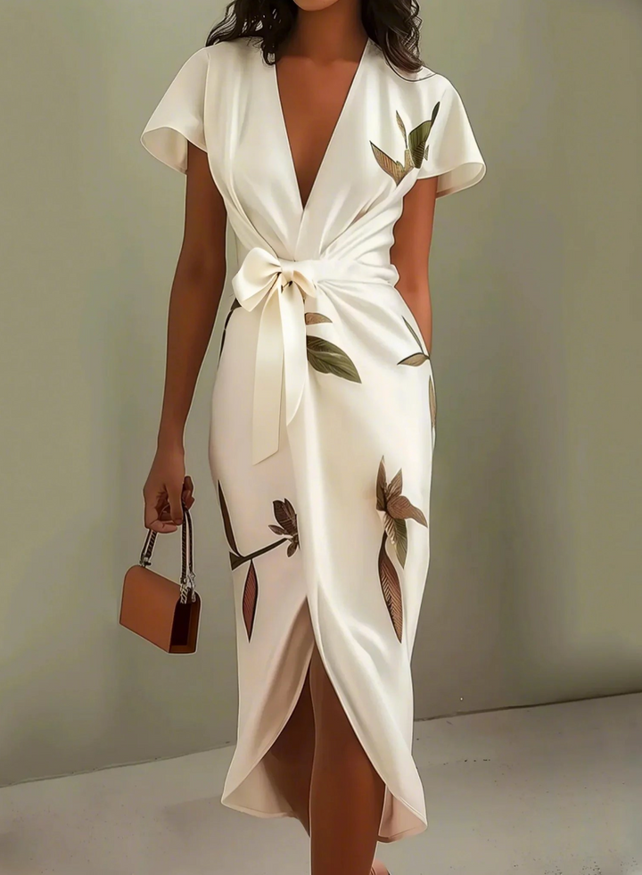 Annabeth™ | Elegant Leaf-Print Midi Dress