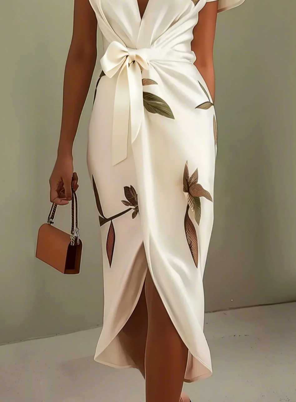 Annabeth™ | Elegant Leaf-Print Midi Dress