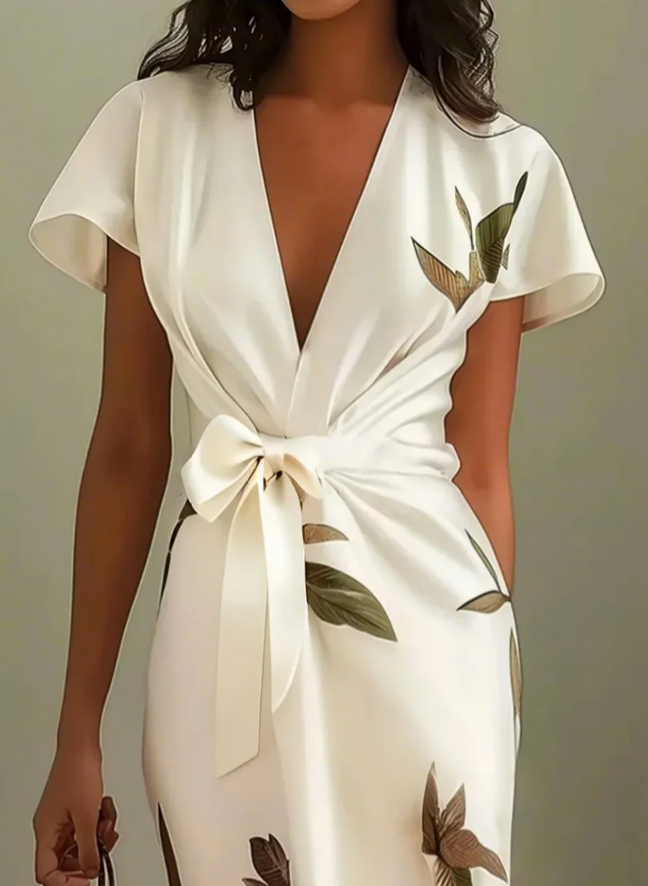 Annabeth™ | Elegant Leaf-Print Midi Dress
