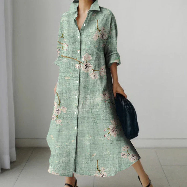 Elara | Retro Floral V-Neck Shirt Dress with Pockets
