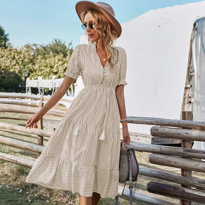 Adalina™ | Coastal Ruffle V-Neck Dress