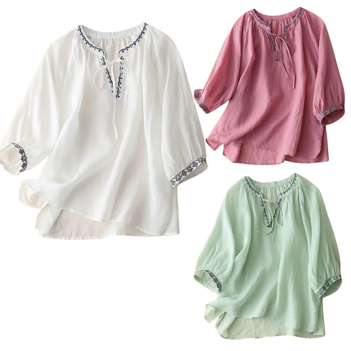 Cassey | Embroidered Seven-Sleeve Top